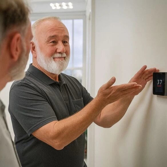 Techniker erklärt digitales Thermostat